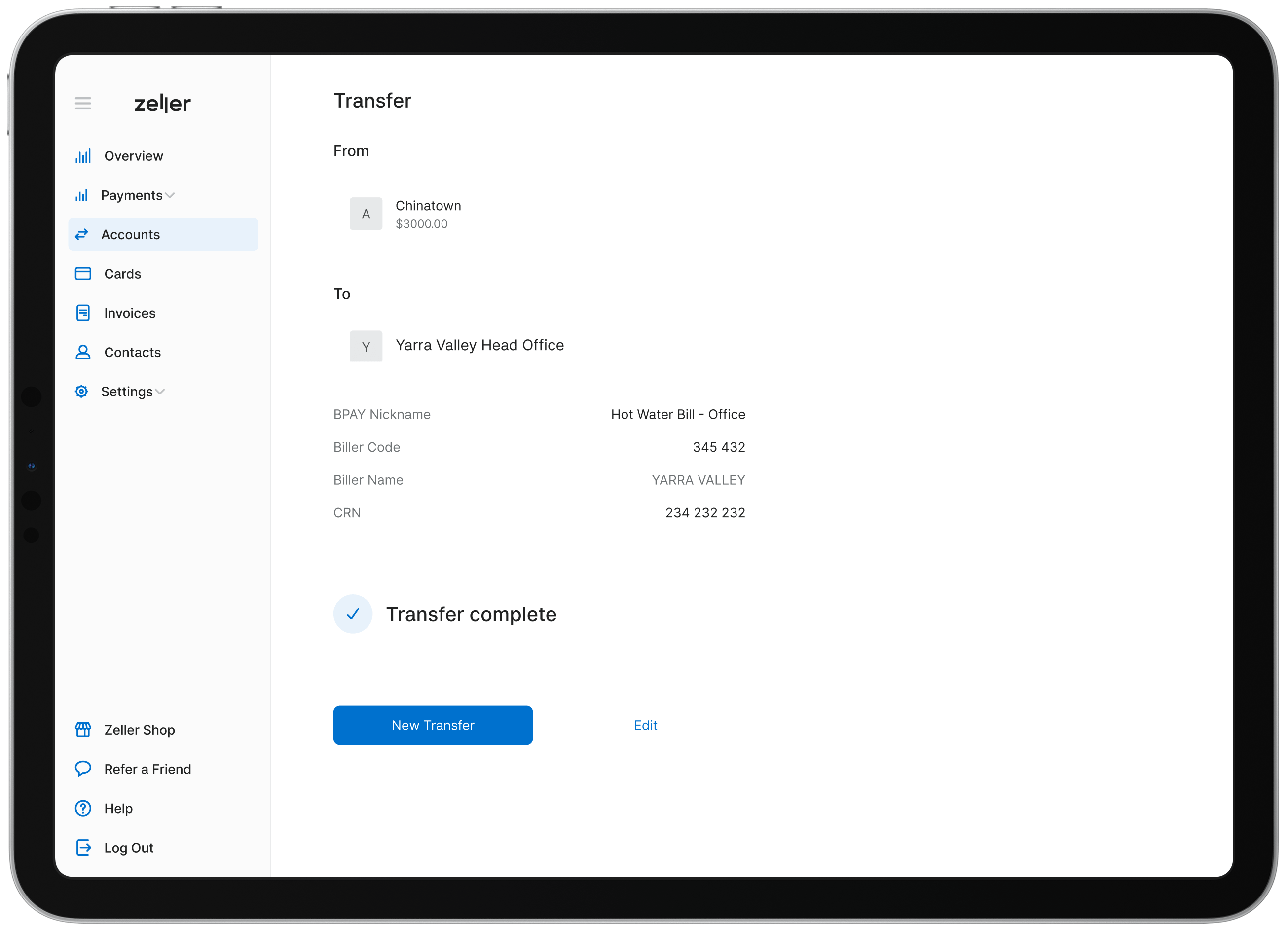 BPAY Payments Zeller Transaction Account